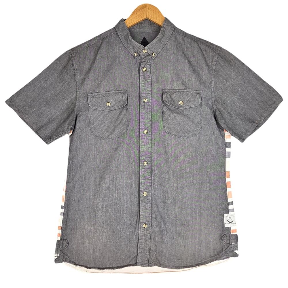 BLACK SCALE MEN’S GRAY / STRIPED BACK SHORT‑SLEEVE BUTTON‑UP SHIRT – SIZE LARGE